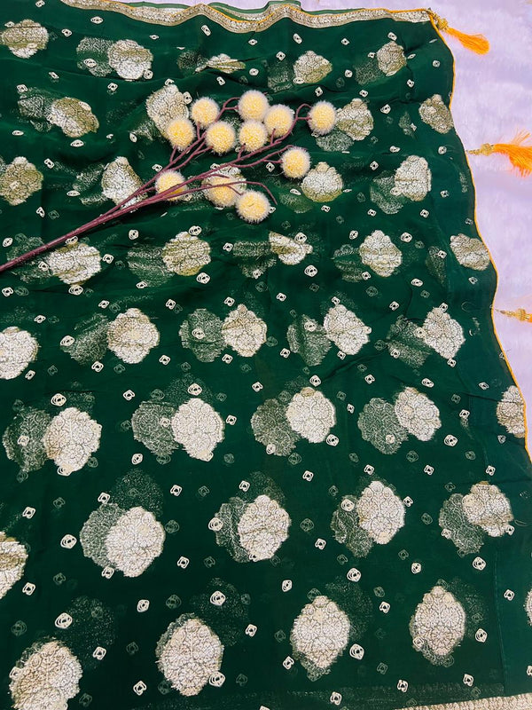 Bottle Green Georgette Bandhani Saree with Golden Zari Border