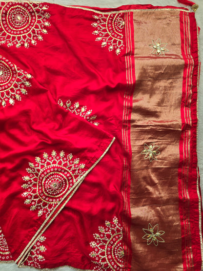 Red Crushed Georgette Saree with Vertical Sequin Wave Embroidery