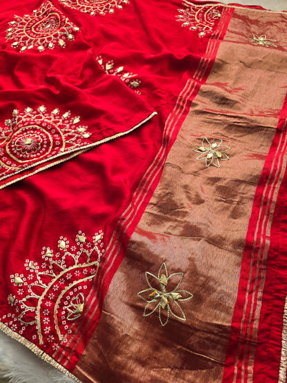 Red Crushed Georgette Saree with Vertical Sequin Wave Embroidery