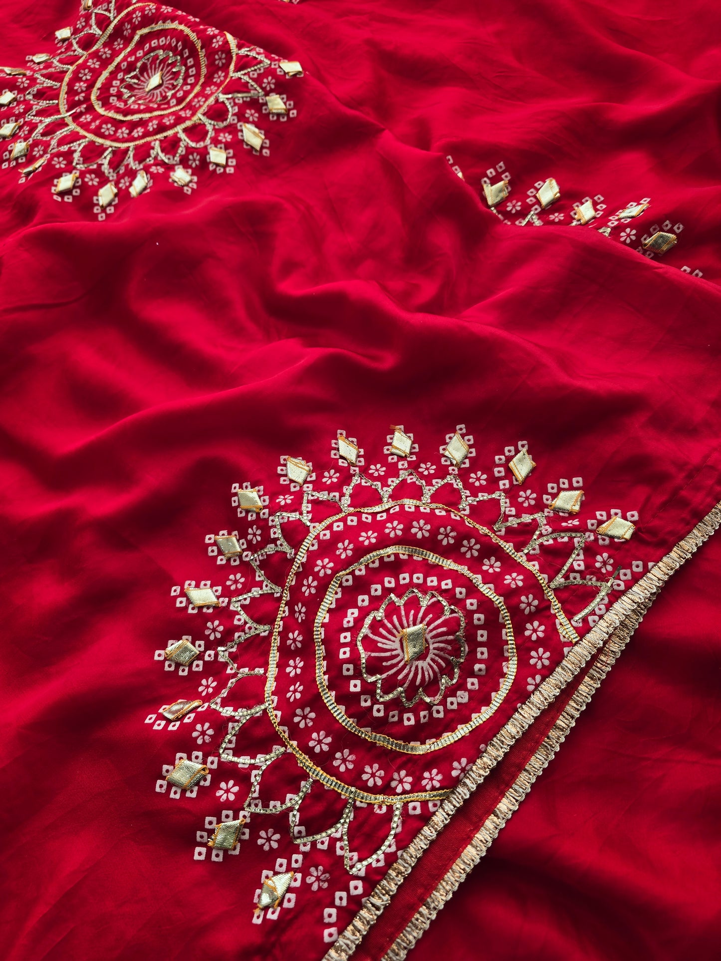 Red Crushed Georgette Saree with Vertical Sequin Wave Embroidery