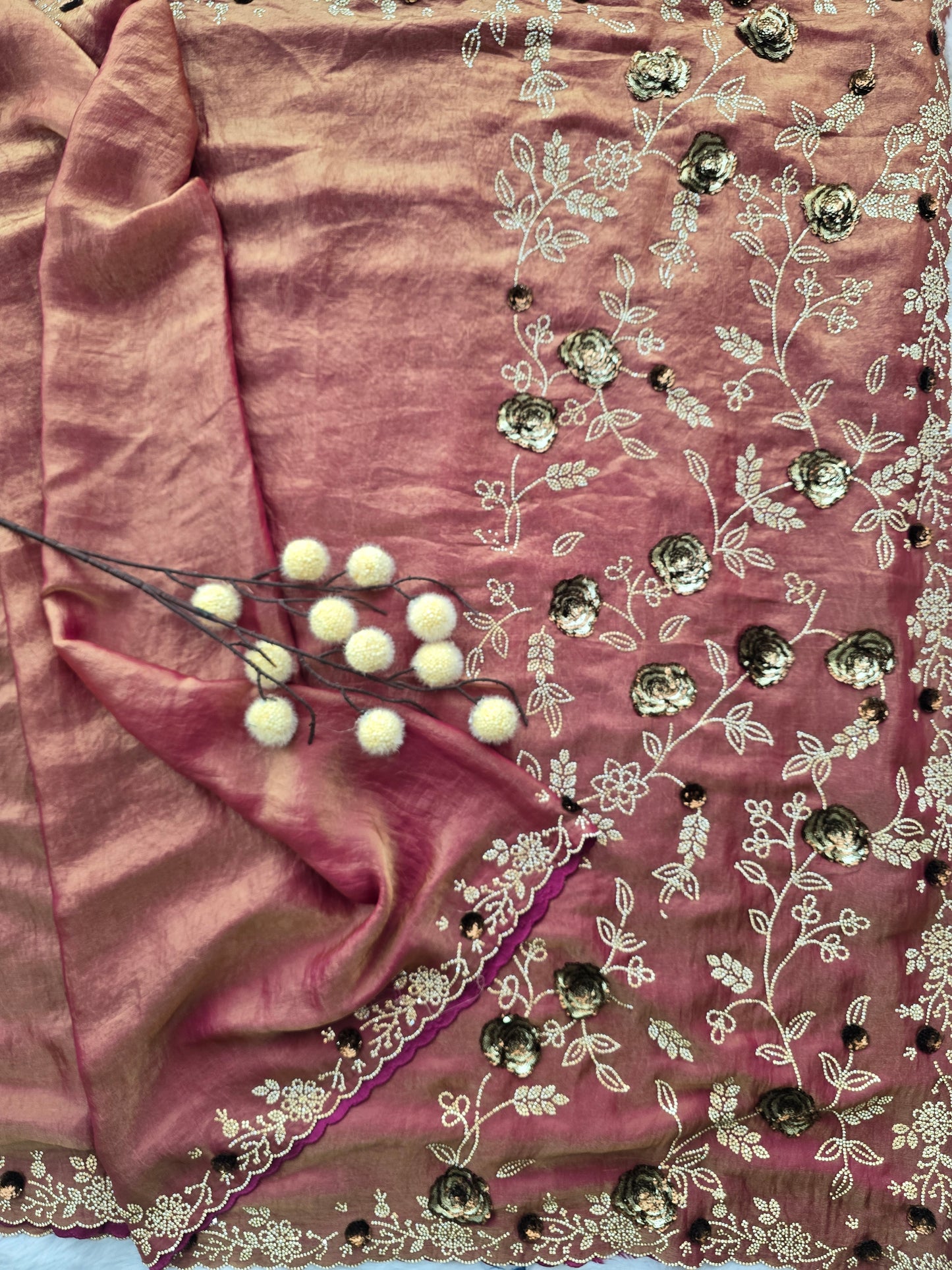 Rose Gold Crushed Georgette Saree with Sequin Wave (Leheriya) Embroidery.