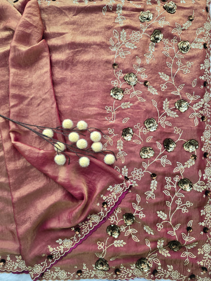 Rose Gold Crushed Georgette Saree with Sequin Wave (Leheriya) Embroidery.