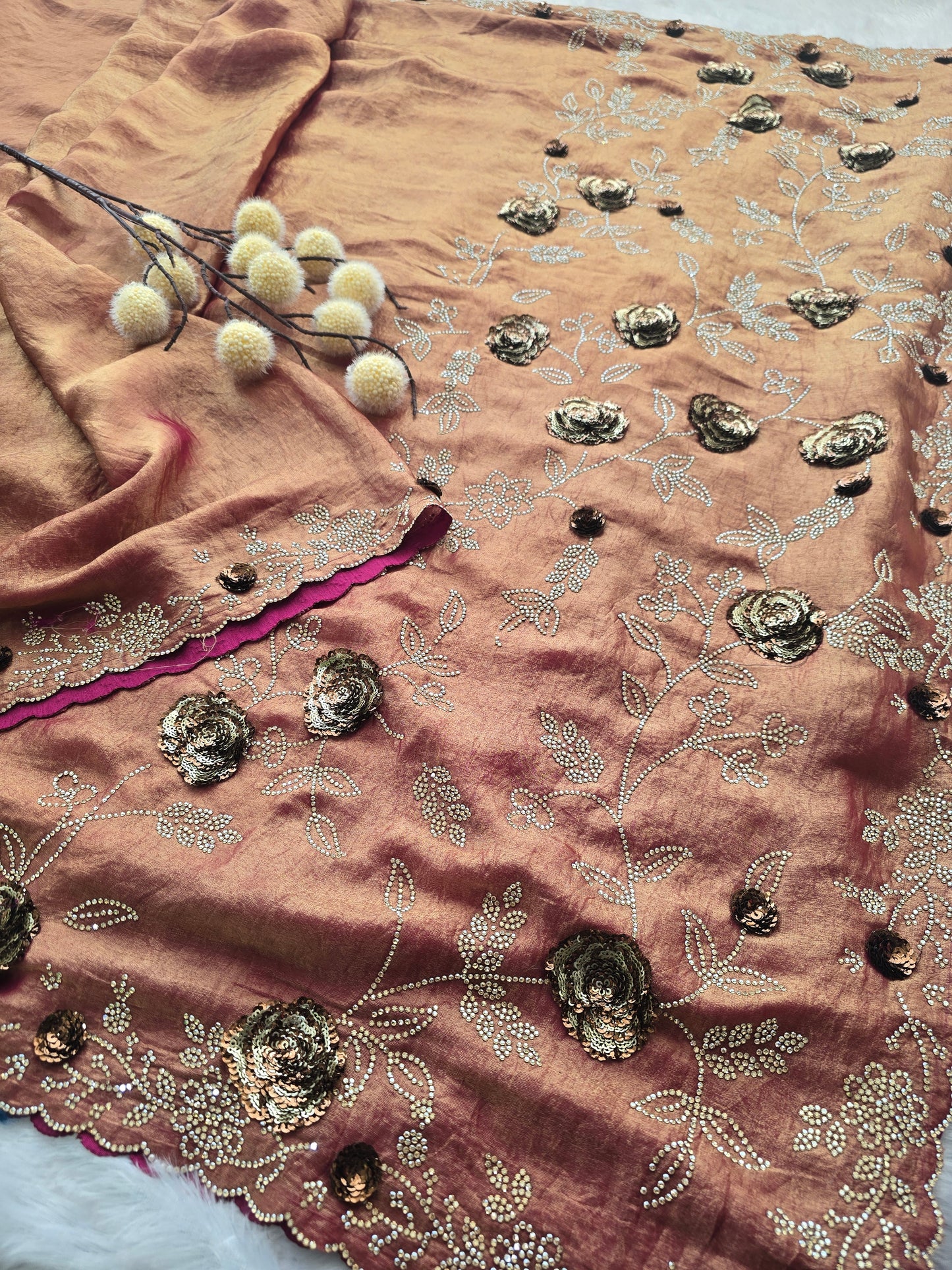 Rose Gold Crushed Georgette Saree with Sequin Wave (Leheriya) Embroidery.