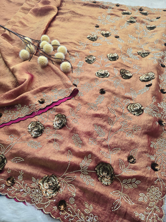 Rose Gold Crushed Georgette Saree with Sequin Wave (Leheriya) Embroidery.