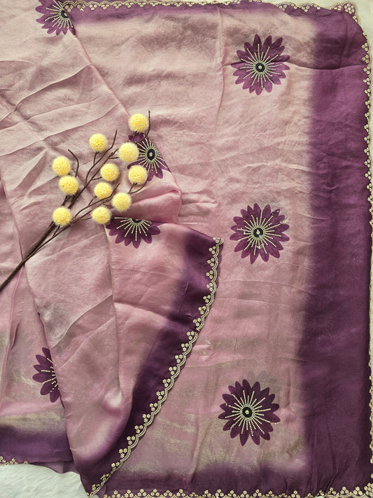Mauve & Purple Dual-Tone Chiffon Saree with Floral Stone Work and Scalloped Border