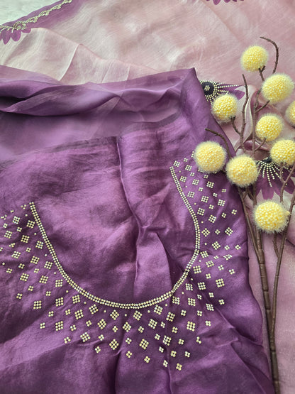 Mauve & Purple Dual-Tone Chiffon Saree with Floral Stone Work and Scalloped Border