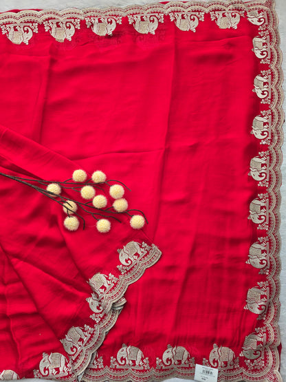 Red Georgette Saree with Zari Elephant Motif Border and Sequin Butti Work