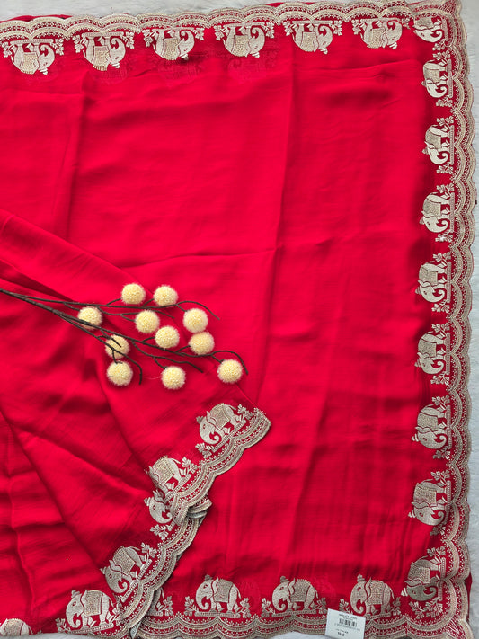 Red Georgette Saree with Zari Elephant Motif Border and Sequin Butti Work
