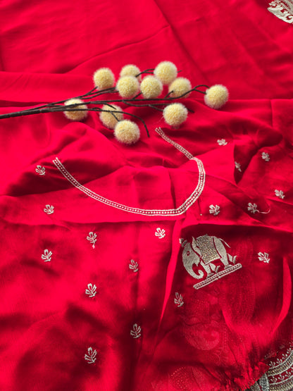Red Georgette Saree with Zari Elephant Motif Border and Sequin Butti Work