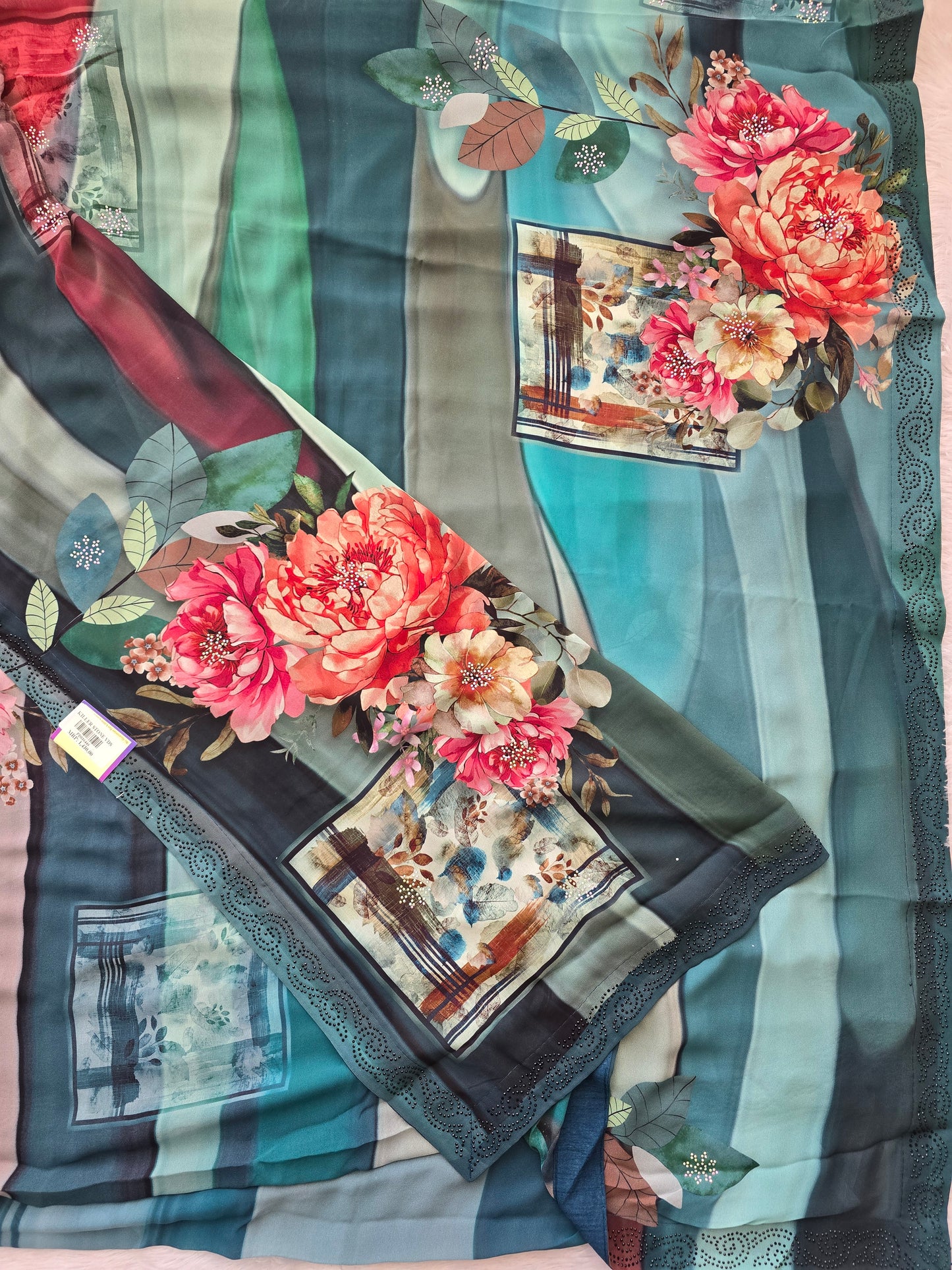 Multi-Color Floral Print Chiffon Saree with Stone-Embellished Border