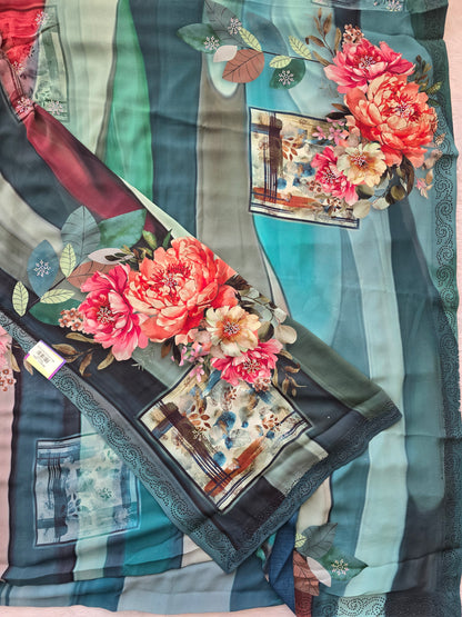 Multi-Color Floral Print Chiffon Saree with Stone-Embellished Border