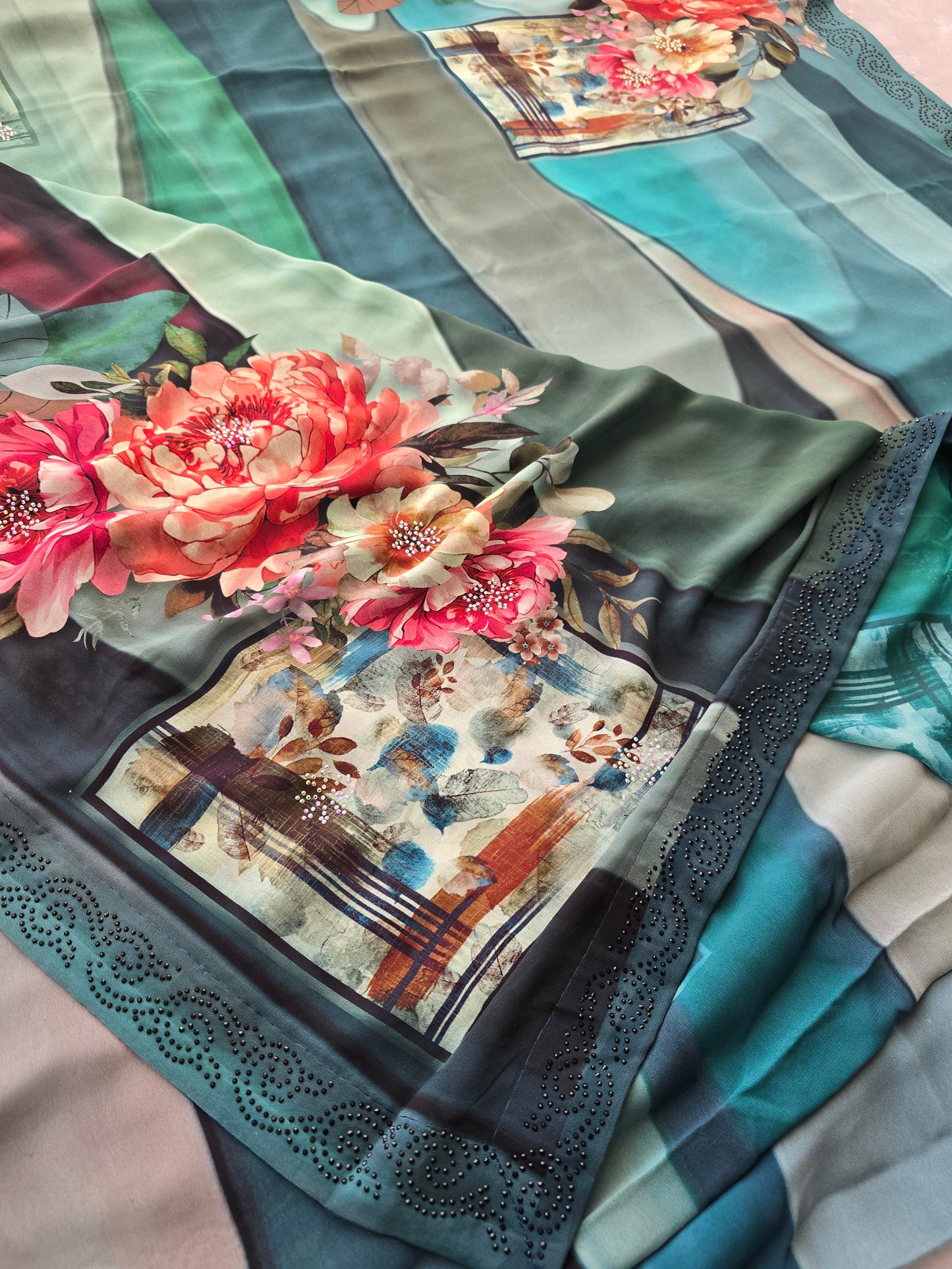 Multi-Color Floral Print Chiffon Saree with Stone-Embellished Border