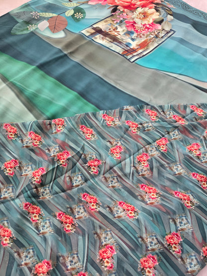 Multi-Color Floral Print Chiffon Saree with Stone-Embellished Border