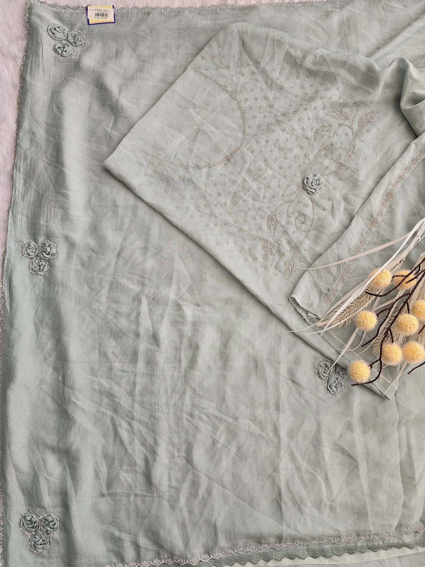 Silver-Grey Crushed Organza Saree with 3D Fabric