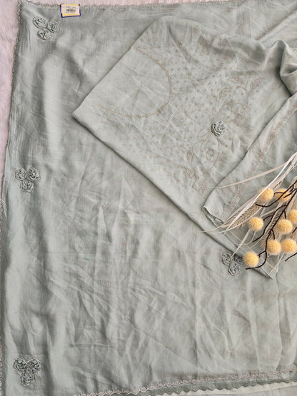 Silver-Grey Crushed Organza Saree with 3D Fabric