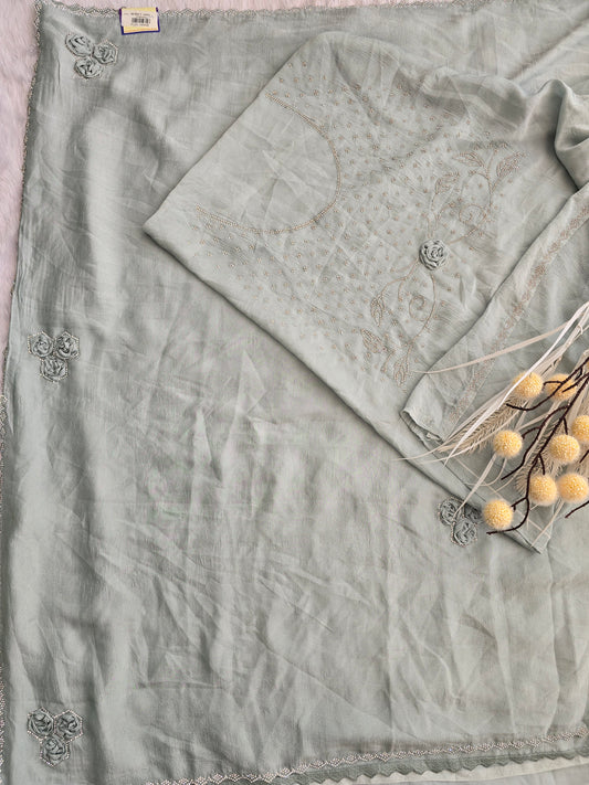 Silver-Grey Crushed Organza Saree with 3D Fabric