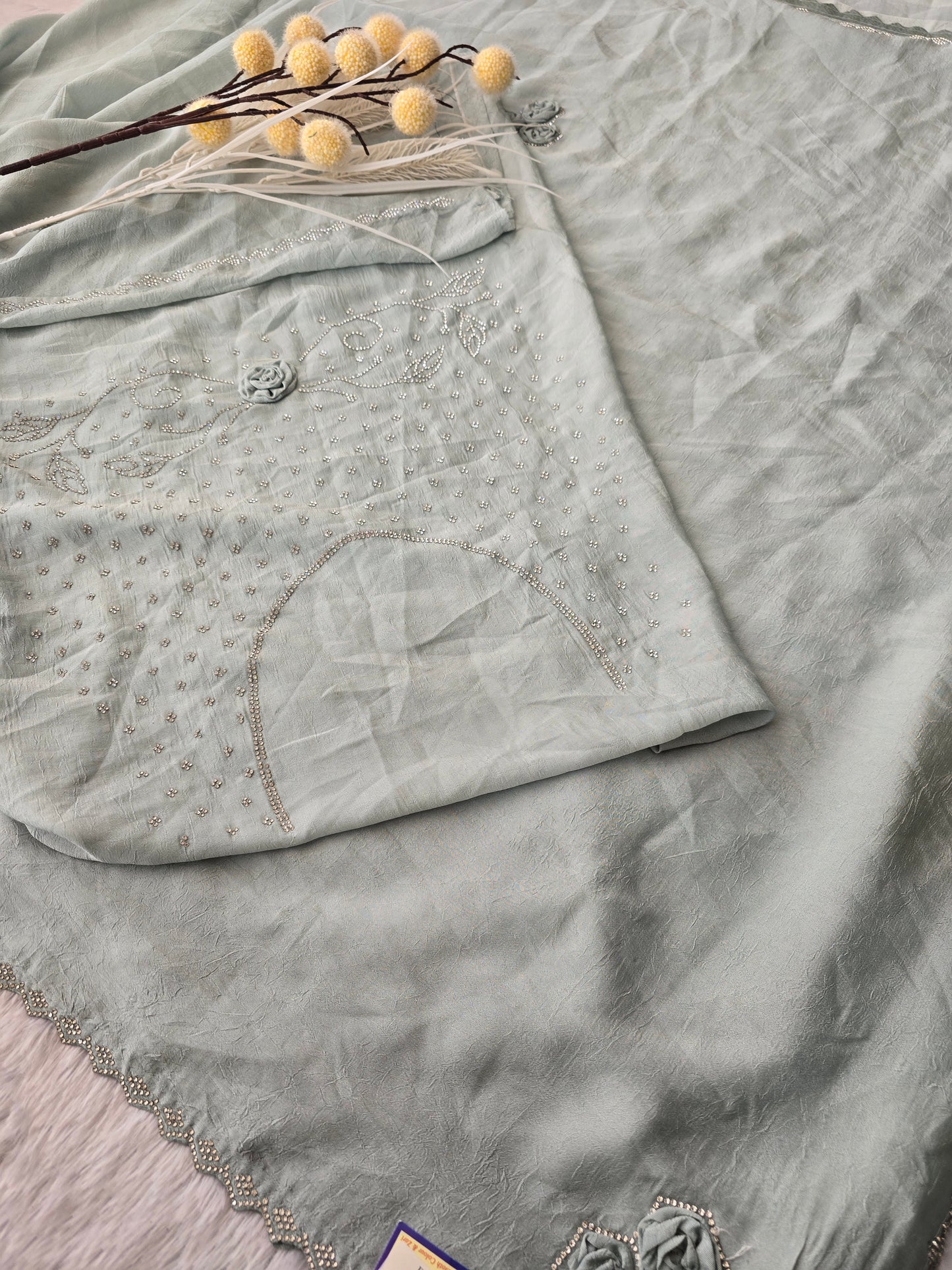 Silver-Grey Crushed Organza Saree with 3D Fabric