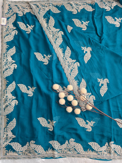 Teal Blue Georgette Saree with Silver Zari