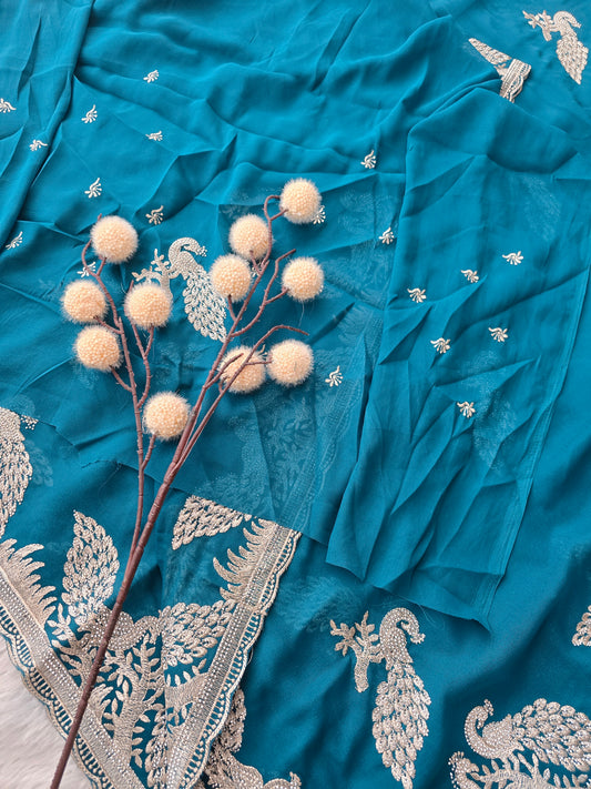 Teal Blue Georgette Saree with Silver Zari