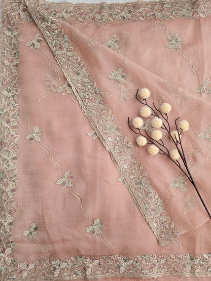Peach Chiffon-Organza Saree with Intricate Floral Beadwork
