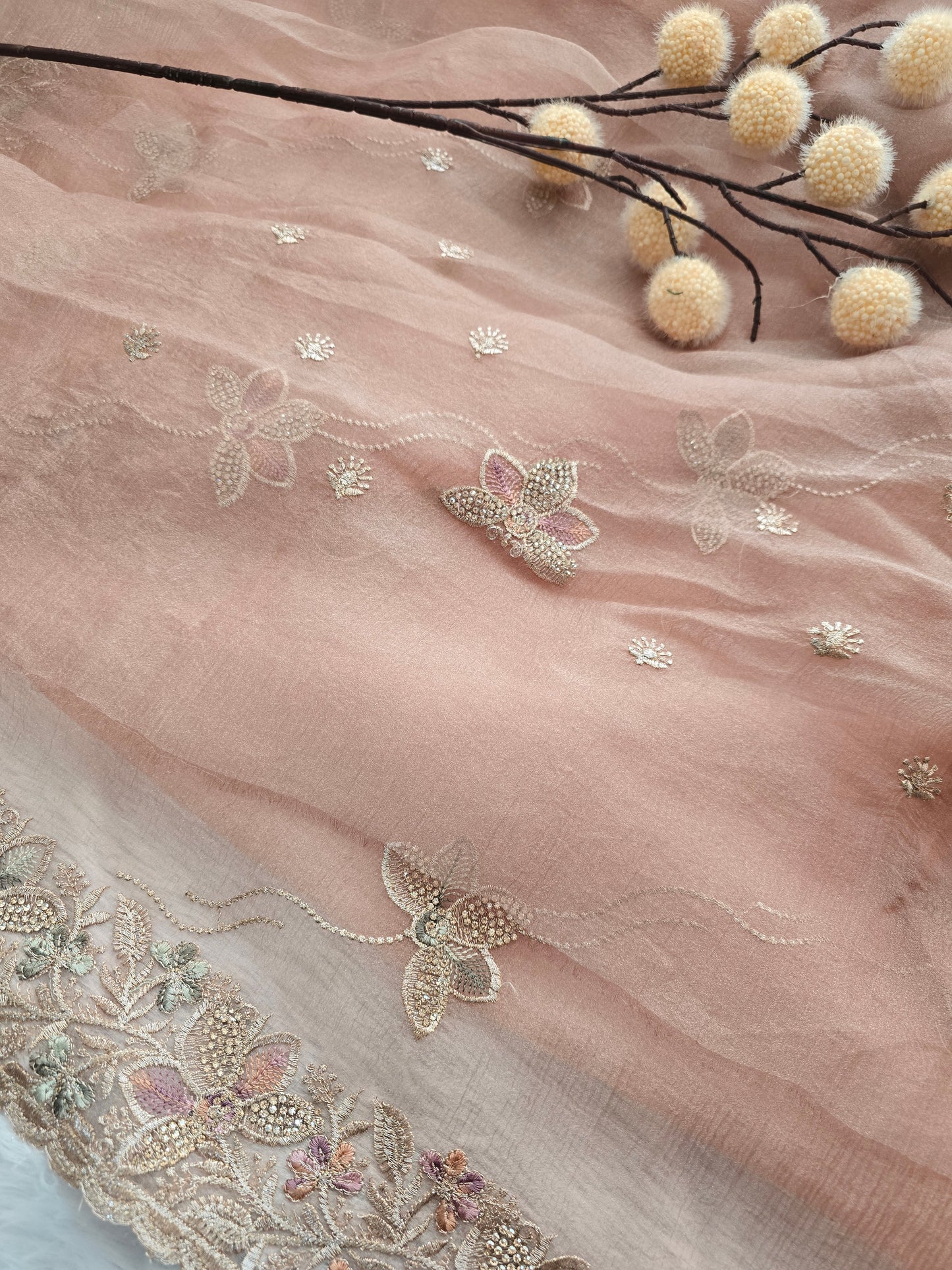 Peach Chiffon-Organza Saree with Intricate Floral Beadwork