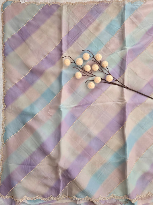 Multi-Color Organza Saree with Golden Sequin Leheriya Lines