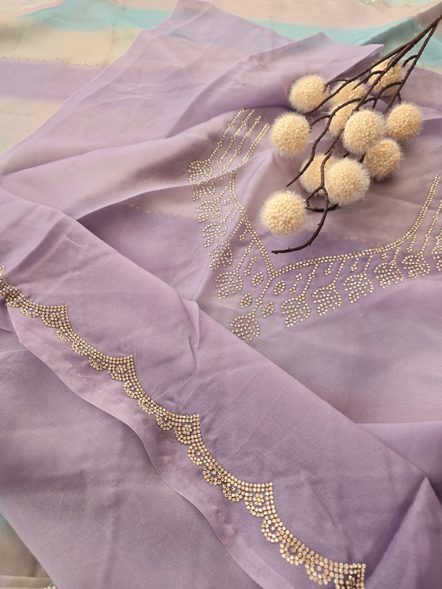 Multi-Color Organza Saree with Golden Sequin Leheriya Lines