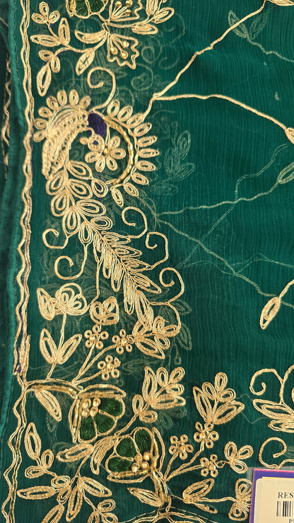 Emerald Green Embroidered Chiffon Saree