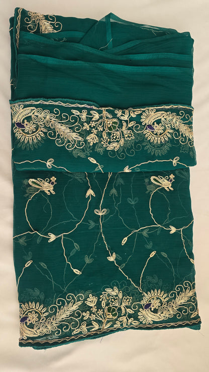 Emerald Green Embroidered Chiffon Saree