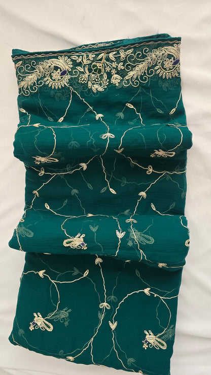 Emerald Green Embroidered Chiffon Saree