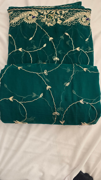 Emerald Green Embroidered Chiffon Saree