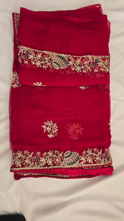 Rani Pink Embroidered Chiffon Saree