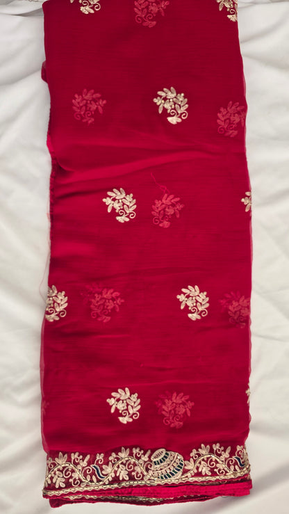 Rani Pink Embroidered Chiffon Saree
