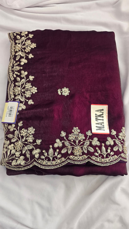 Wine Purple Embroidered Velvet Saree
