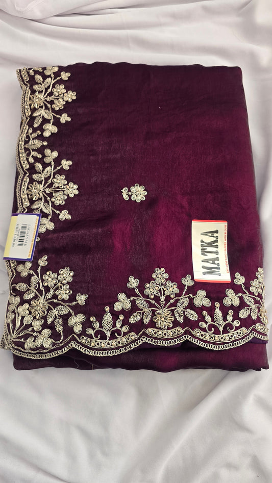 Wine Purple Embroidered Velvet Saree