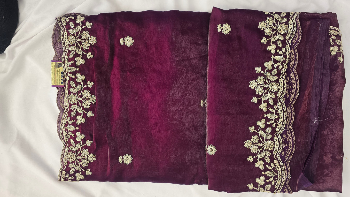 Wine Purple Embroidered Velvet Saree