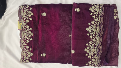 Wine Purple Embroidered Velvet Saree
