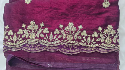 Wine Purple Embroidered Velvet Saree