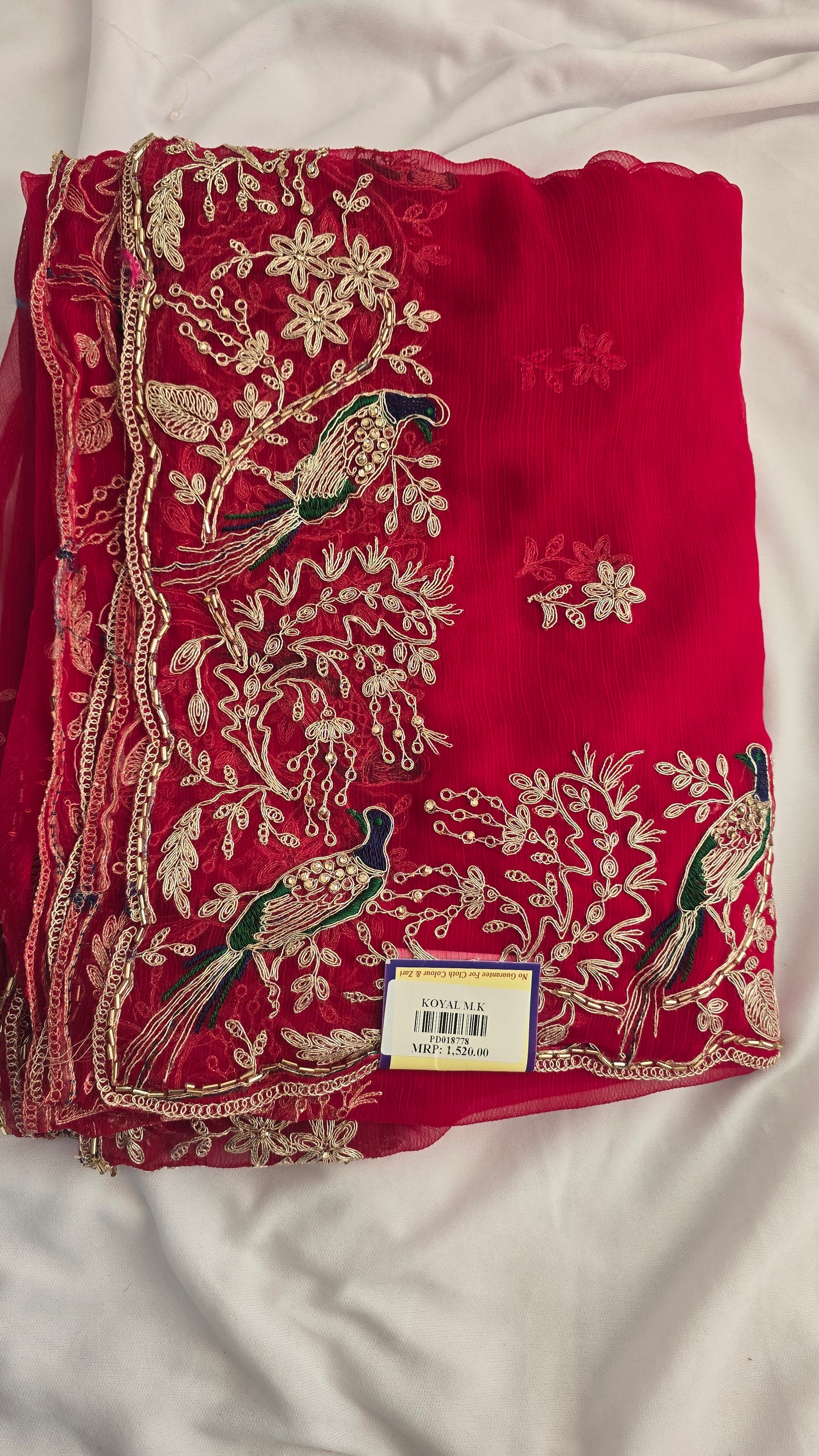 Crimson Red Peacock Embroidered Chiffon Saree