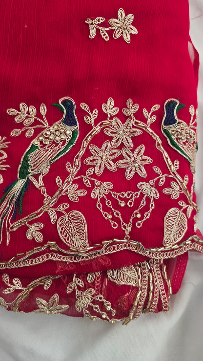 Crimson Red Peacock Embroidered Chiffon Saree