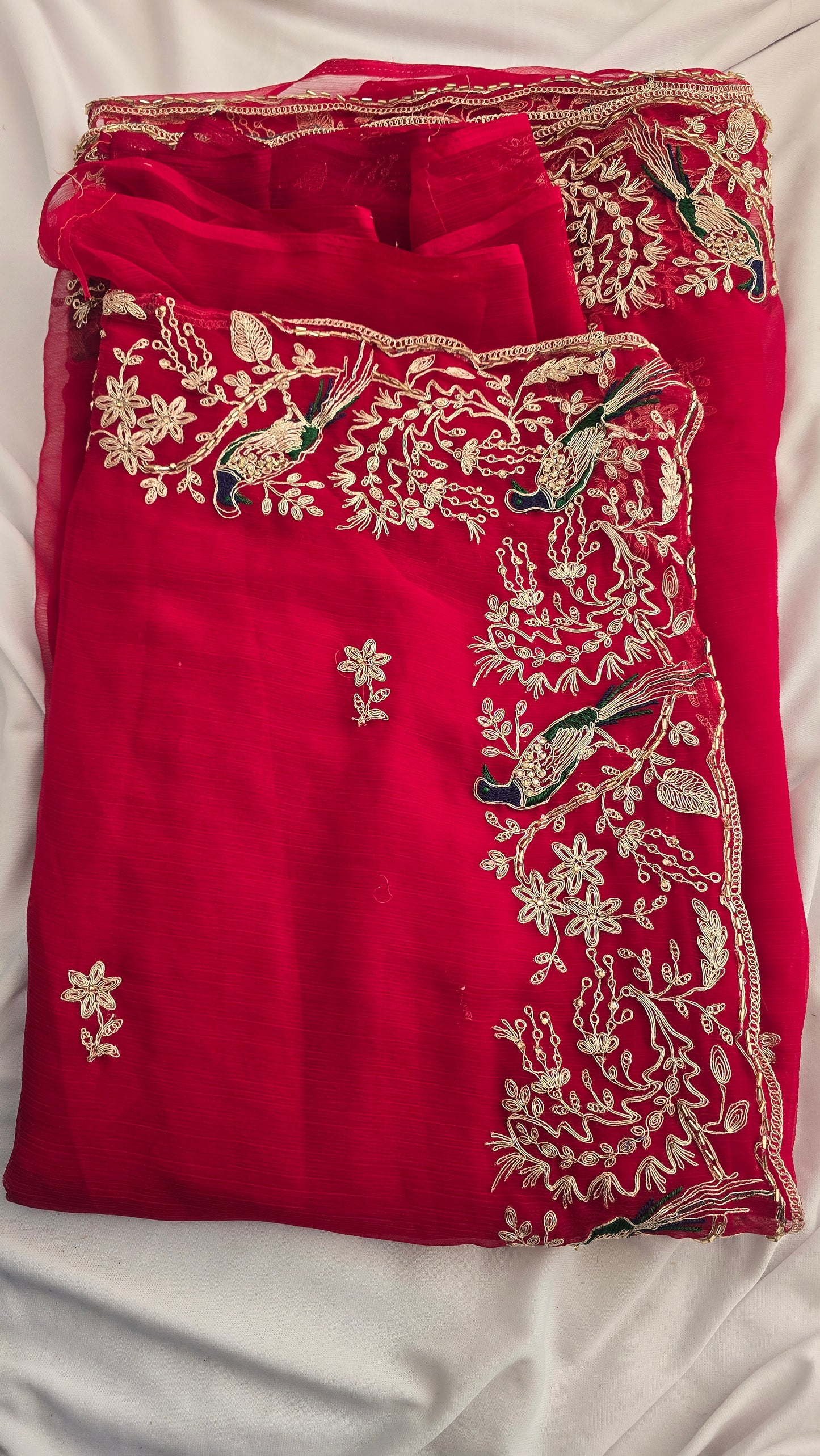 Crimson Red Peacock Embroidered Chiffon Saree