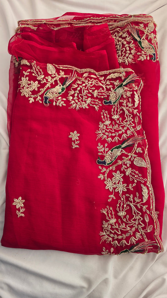 Crimson Red Peacock Embroidered Chiffon Saree