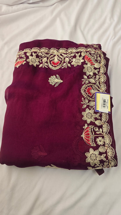 Wine Maroon Embroidered Chiffon Saree