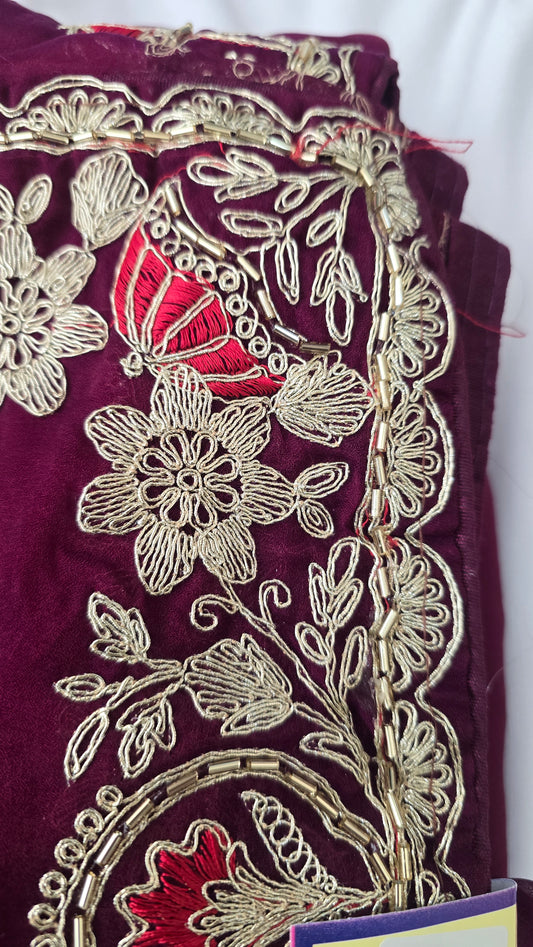 Wine Maroon Embroidered Chiffon Saree