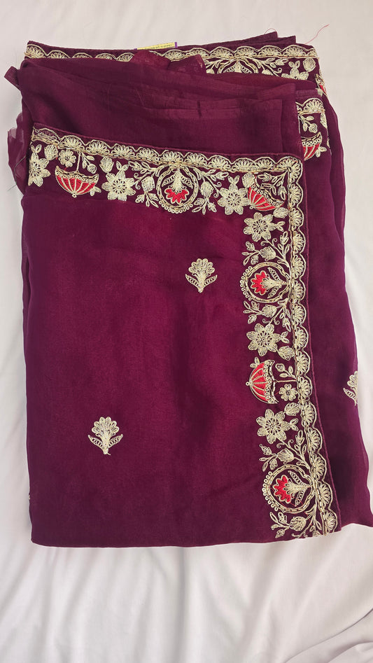 Wine Maroon Embroidered Chiffon Saree