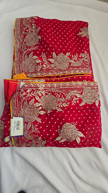 Classic Red Bandhani Style Embroidered Saree