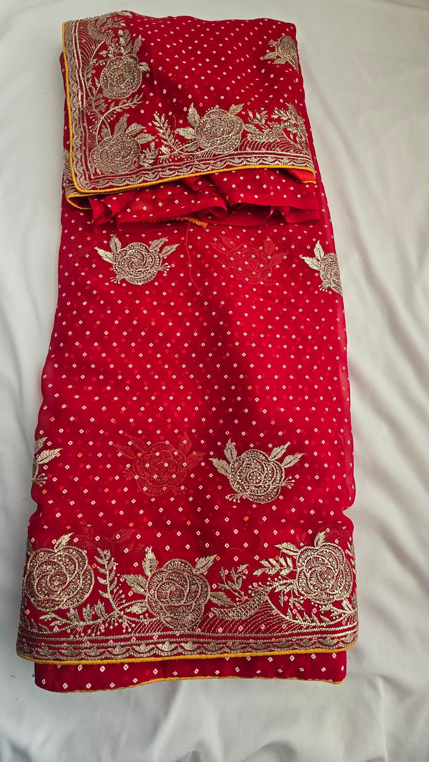 Classic Red Bandhani Style Embroidered Saree