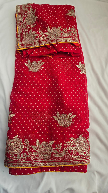 Classic Red Bandhani Style Embroidered Saree