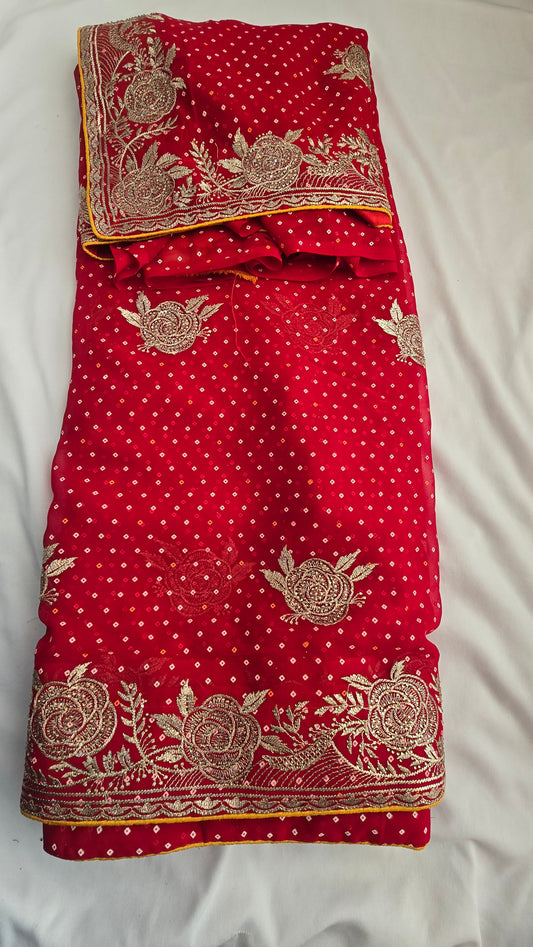 Classic Red Bandhani Style Embroidered Saree