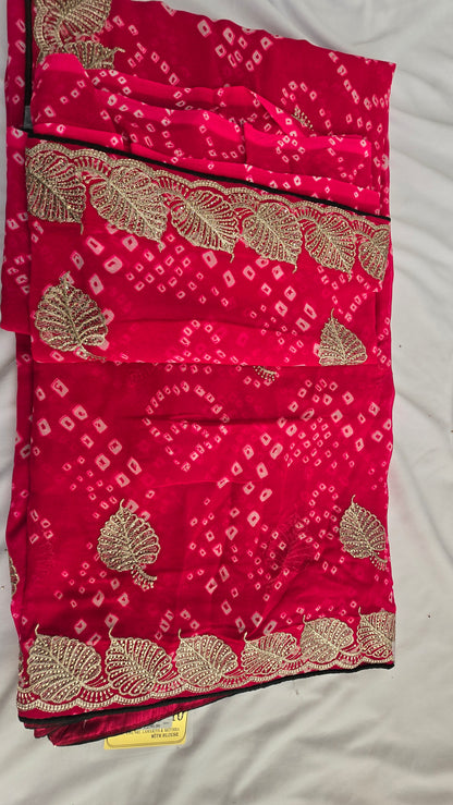 Rani Pink Bandhani Embroidered Saree